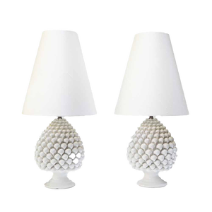 Vintage Pine Cone Shaped White Ceramic Table Lamps, 1960s, Set of 2
