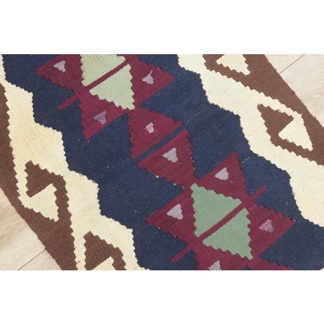 1970s Scandinavian Geometric Style Turkish Navy Blue and Blue Oushak Kilim Rug For Sale In Sacramento - Image 6 of 11