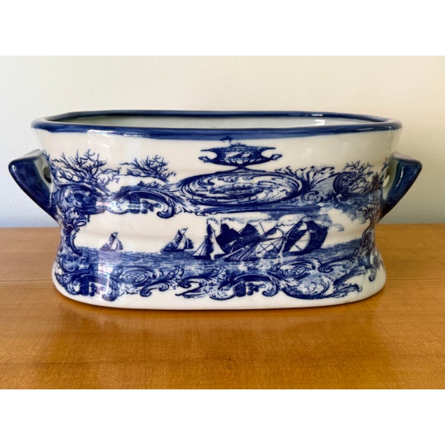 1980s Nautical Blue and White Transferware Foot Bath Planter For Sale - Image 6 of 11