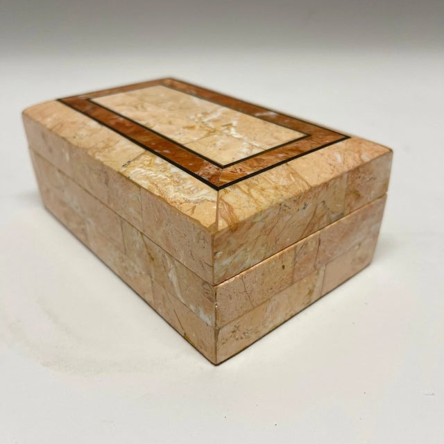 Post Modern tobacco or snuff box rendered in tessellated pink marble and rosso travertino, red travertine with brass...