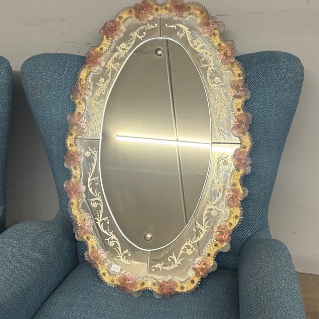 Mid-Century Modern Oval Murano Glass Mirror with Pink Flowers, 1950s For Sale - Image 11 of 11