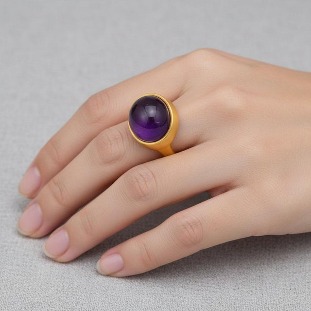 Metal Ring With Amethyst Cabochon, Size 6.75 For Sale - Image 7 of 7