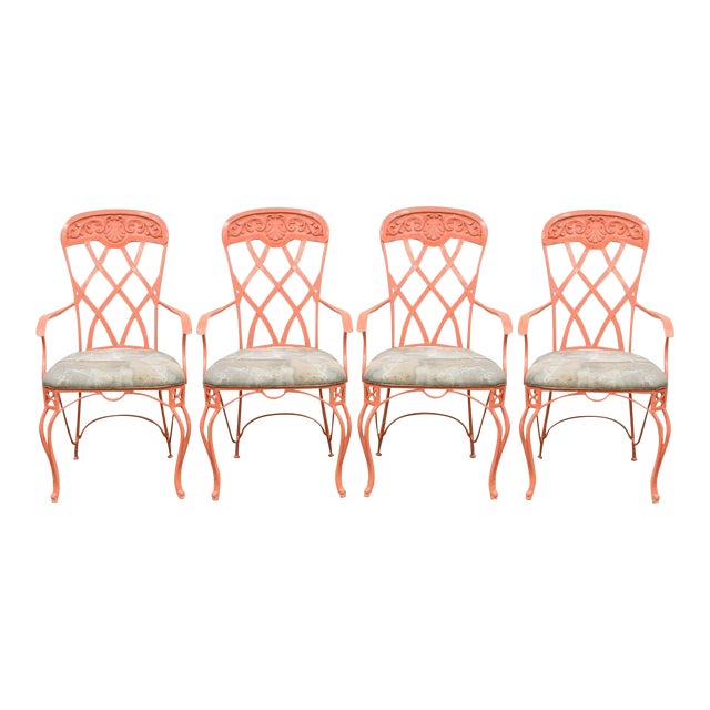 Set 4 Vintage French Regency Style Wrought Iron Patio Sunroom Dining Arm Chairs For Sale