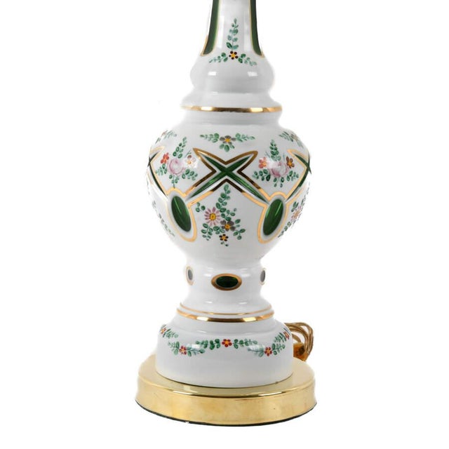 Bohemian Czech Hand‑Painted Glass Table Lamp With Floral Design and Gold Accents For Sale - Image 4 of 4