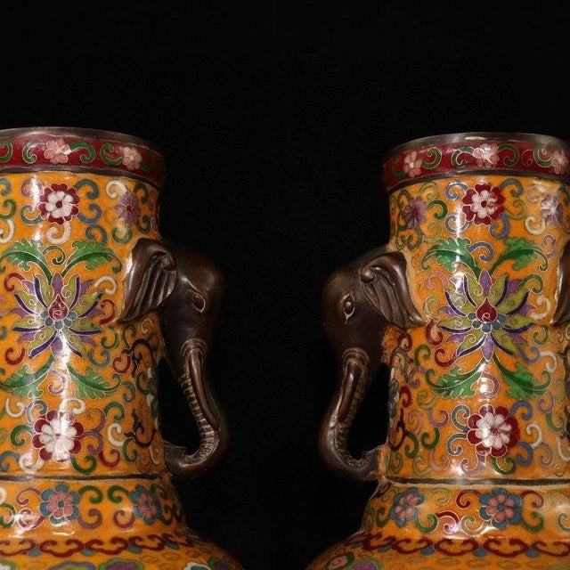 Pair of Chinese Cloisonné Vases | Dragon & Phoenix Motif With Elephant Handles For Sale - Image 4 of 8