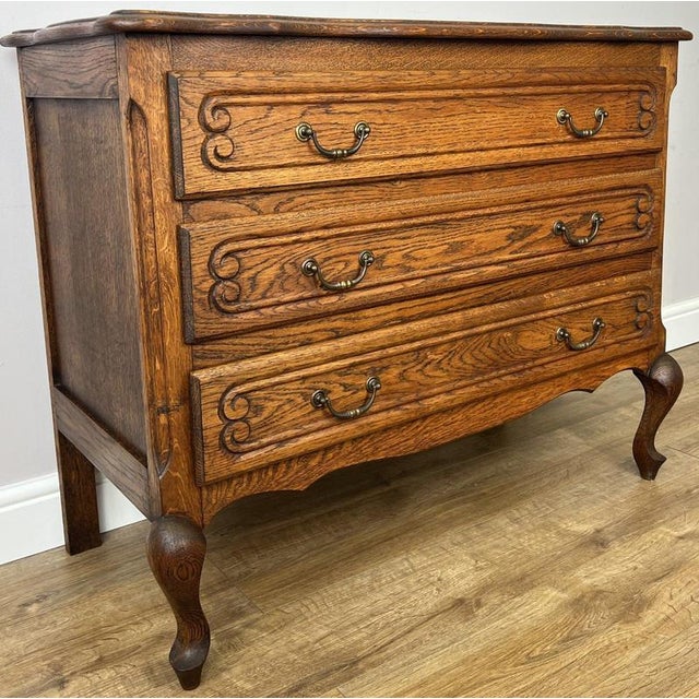 Vintage French Louis Carved Oak Chest of 3 Drawers For Sale - Image 4 of 13
