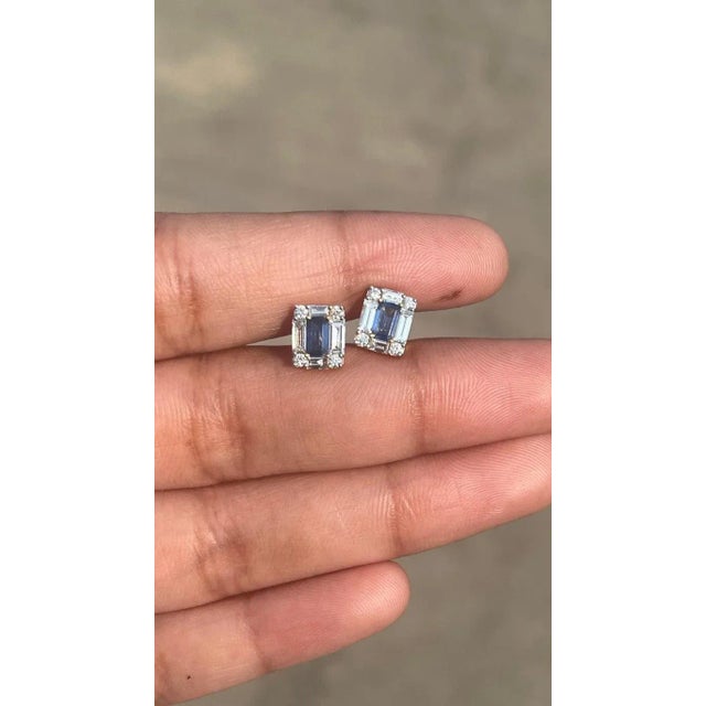 Metal Genuine Baguette Sapphire Diamond Pushback Stud Earrings 18k Solid Gold- A Pair For Sale - Image 7 of 11
