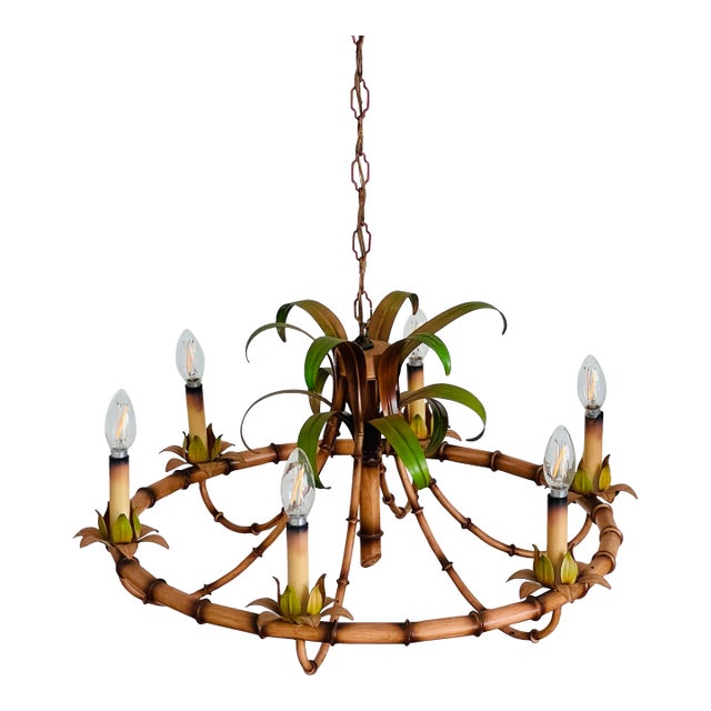 Vintage Italy Tole Tiki Chinoiserie Bamboo Chandelier 6 Arm For Sale