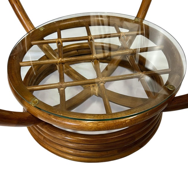 Modern Vintage 1970s Italian Modern Style Round Glass and Rattan Coffee Side Table For Sale - Image 3 of 5