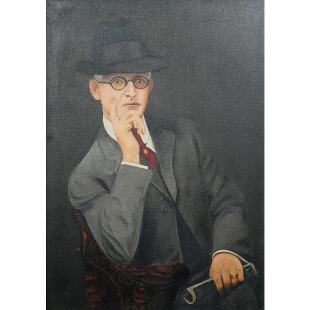 Art Deco Huge Distinguished Antique Art Deco Oil Painting of Man in Suit Dandy Fashion Framed Portrait Home Wall Decor For Sale - Image 3 of 17