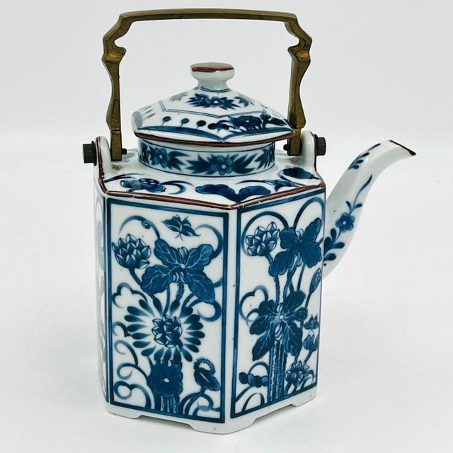 Vintage Blue and White Chinoiserie Hexagon Teapot With Bronze Handle For Sale - Image 15 of 15