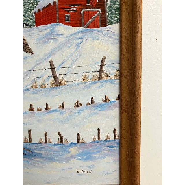 Farmhouse Original Winter Farm Landscape Painting by S. Nelson – Farmhouse Barn & Flying Geese For Sale - Image 3 of 8