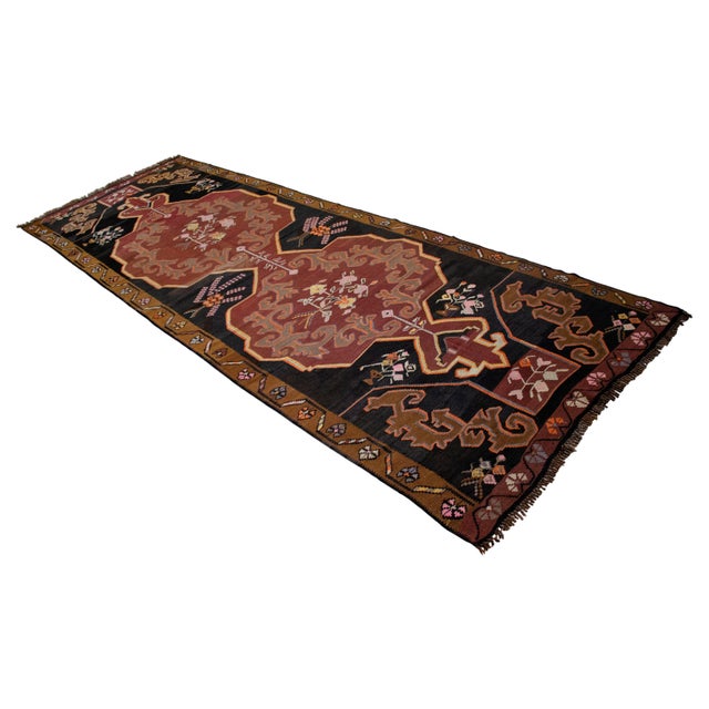 Black Handwoven Turkish Rug Kilim Muted Earth Tones Long Wide Runner Rug. - 4′9″ X 13′4″ For Sale - Image 8 of 16