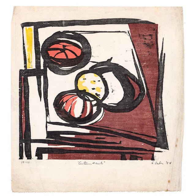 Gerson August Leiber (1921-2018) "Autumn Fruits" still life MCM woodcut print, dated 1954, pencil signed, titled and...