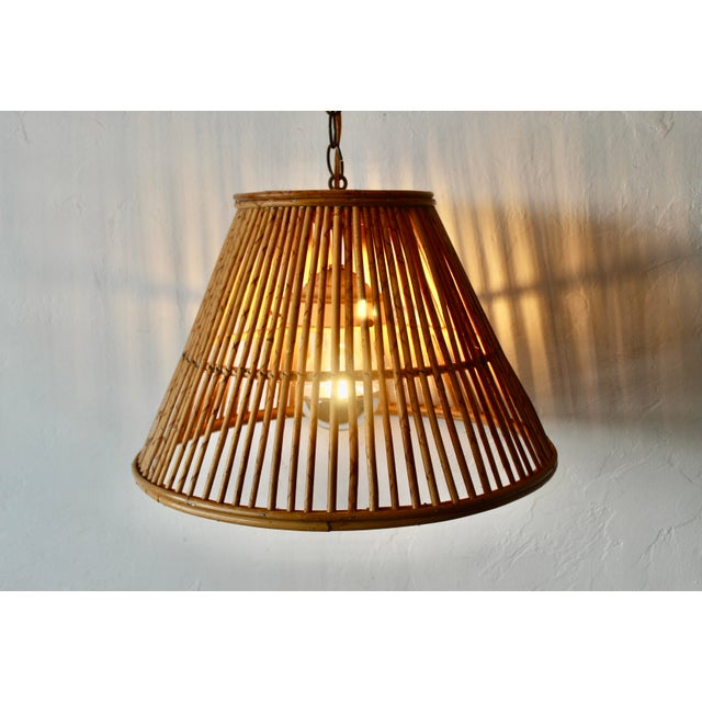 Vintage Handwoven Bamboo Rattan Pendant Swag Style Lamps-a Pair For Sale - Image 11 of 13