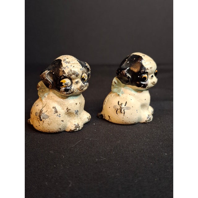 American Pair Antique Hubley Cast Iron Puppo Dog Figurine Paperweights Bee on Hip Grace Drayton For Sale - Image 3 of 15