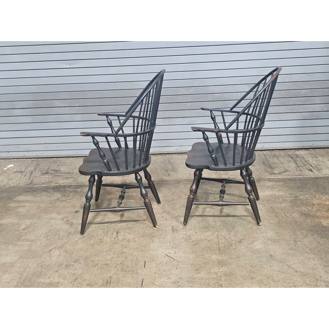 Late 20th Century Pair of Pennsylvania House Sack Back Windsor Arm Chairs Black Finish For Sale In Cleveland - Image 6 of 9