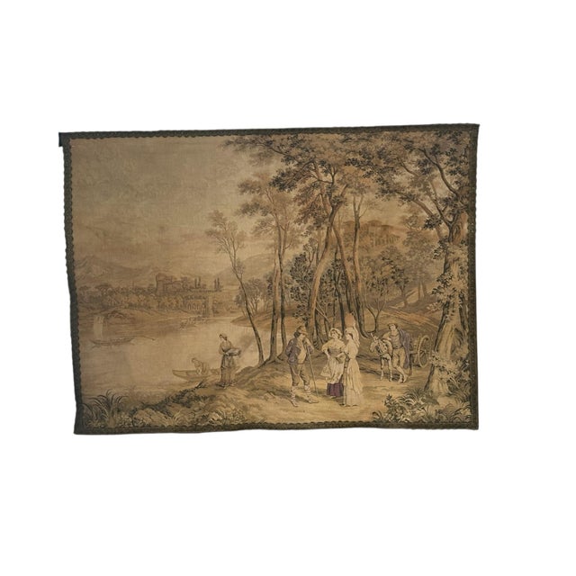 Antique François Boucher Large Wide Country French Tapestry Forest Wagon Boats Castle 1890, Trimmed in Flat Braid For Sale - Image 4 of 8