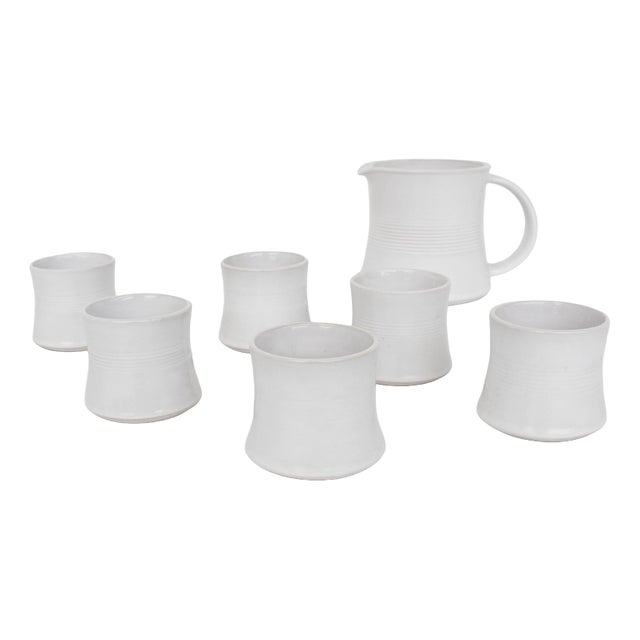 Glazed Ceramic Pitcher and Glasses by Bucci, Set of 7 For Sale