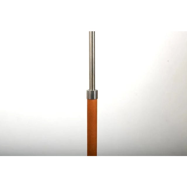 Pair of Jo Hammerborg „Monolit“ floor lamps with cognac leather and steel. New shades and cable.(the old cables was...