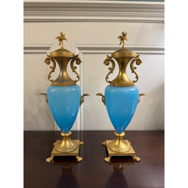 Pair Antique French Blue Opaline Urns With Ormolu Mounts Cherub Finials Eagle Handles 19th Century For Sale In Raleigh - Image 6 of 15