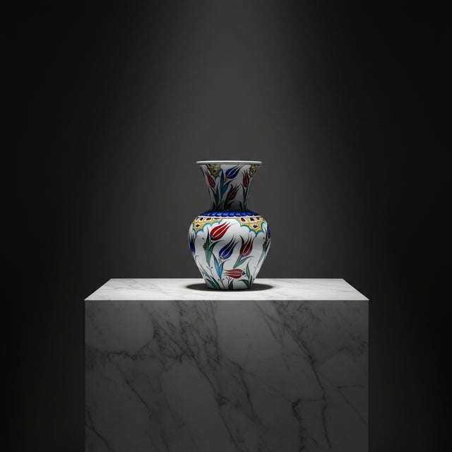 Red Handmade Ceramic Floral Vase (20cm) Red Tulip and Golden Garden Pattern For Sale - Image 8 of 8