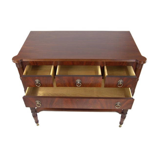 Beautiful federal style server. Rectangular top and has 3 small drawers on the top and a single long drawer below. Brass...