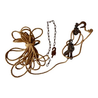 Antique Industrial Block and Tackle Manual Pulley and 50 Foot Rope Rigging System- Farm, Marine, Industrial For Sale