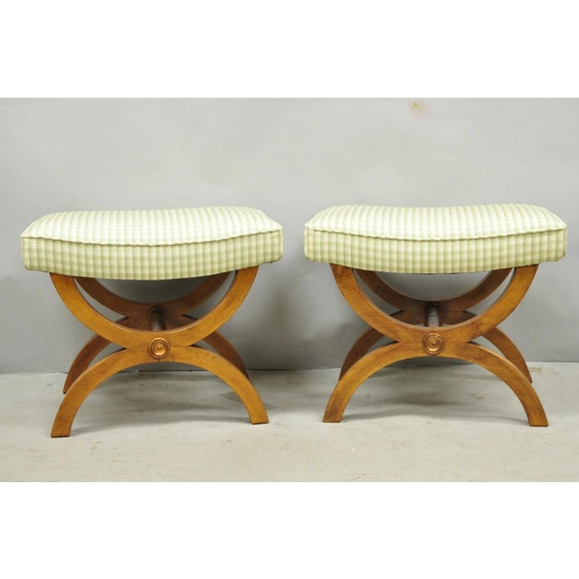 Vintage Italian Neoclassical Style Walnut Wood Curule X-Form Stools with Green Plaid Upholstery - a Pair. Circa Mid 20th...