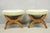 Vintage Italian Neoclassical Style Walnut Wood Curule X-Form Stools with Green Plaid Upholstery - a Pair. Circa Mid 20th...