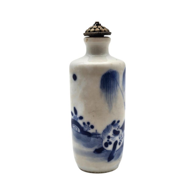 Chinese Vintage Chinese Blue & White Porcelain Snuff Bottle With Stopper Spoon (3.375") For Sale - Image 3 of 14
