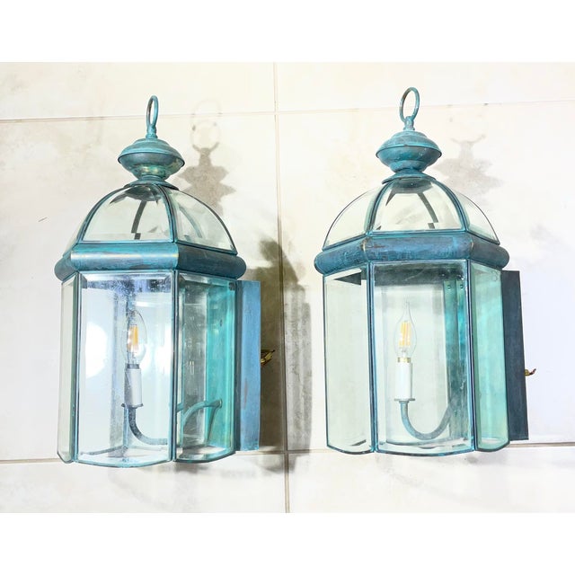 Metal Exquisite Pair of Solid Brass & Verdigris Wall Lanterns For Sale - Image 7 of 17