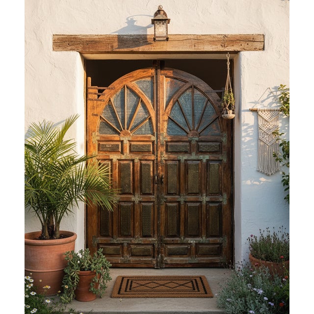 Antique Brass-Clad Carved Entry Doors | Monumental Farmhouse Statement Doors 118x92 For Sale In Orlando - Image 6 of 6