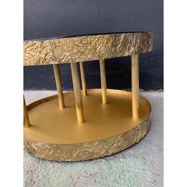 Bronze and Metal Round Center Table with Black Glass and Base with Light For Sale - Image 14 of 18