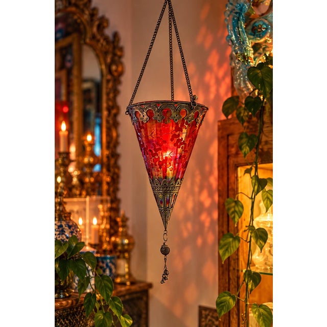 Moroccan Vintage Moroccan-Style Hanging Lantern | Iridescent Red Glass Tea Light Holder For Sale - Image 3 of 7