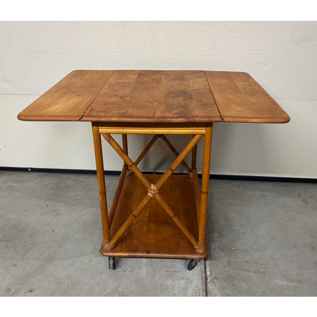 1950s Heywood-Wakefield Birch Rattan Drop Leaf Bar Serving Cart For Sale - Image 5 of 9