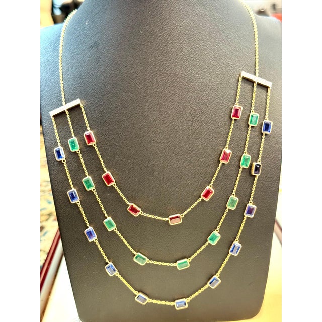 Three Layer Necklace With Emerald , Ruby & Kyanite with Diamond Bar, 14 KYG 15Gm For Sale In New York - Image 6 of 18
