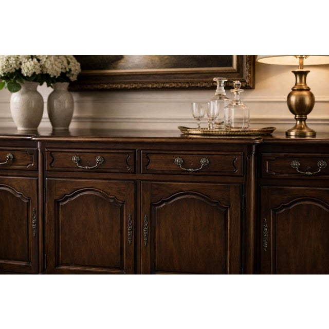 White Early 20th Century French Provincial Walnut Sideboard Buffet With Pull-Out Serving Slide — Carved Cabriole Legs, Original Key For Sale - Image 8 of 11