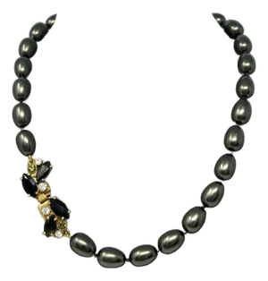 1980s Monet Dark Gray Baroque Pearl Necklace With Rhinestone Clasp