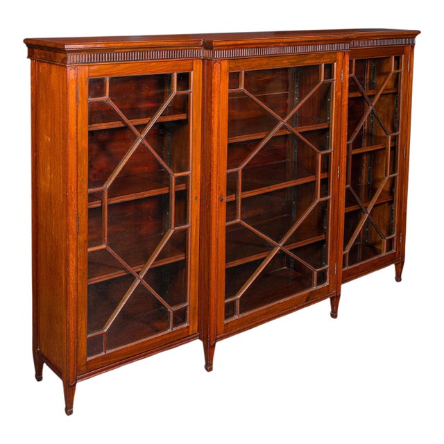 Large Antique Breakfront Bookcase, English, Cabinet, Georgian Revival, Victorian For Sale