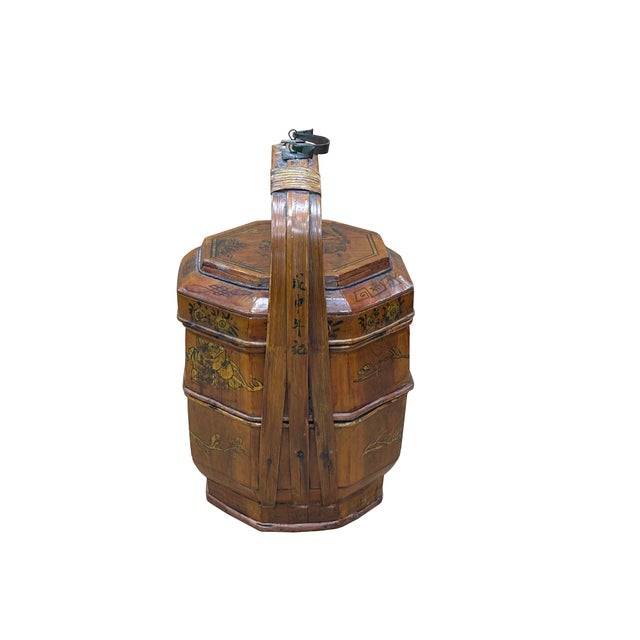 Vintage Oriental Octagonal Golden Graphic Stack Wedding Basket Display For Sale - Image 4 of 16