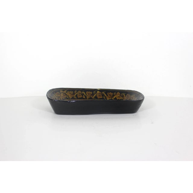 Vintage Kashmir Lacquered Wood Bowl Handmade Hand Painted Floral Leaf Bird Black Brown Yellow For Sale - Image 4 of 11