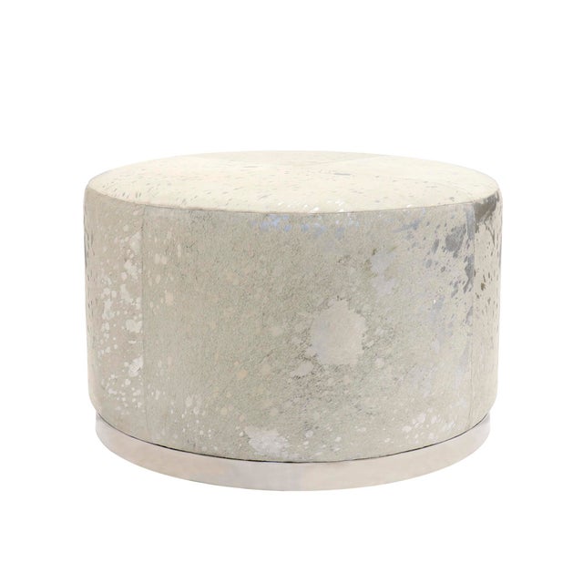 Pasargad Home Safari Cowhide Round Ottoman with Silver Steel Base For Sale In New York - Image 6 of 6
