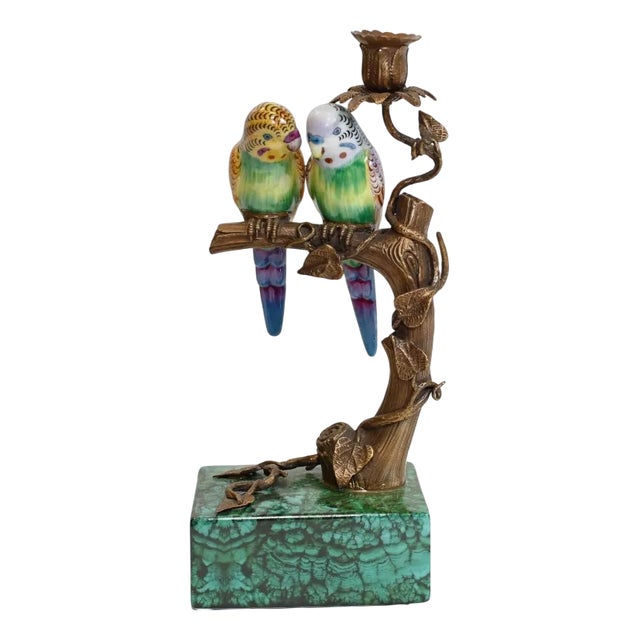 French Budgie Bird Candlestick in Porcelain For Sale