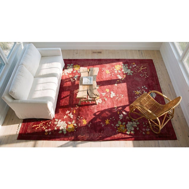 Adorable Red-Maroon Background Asymmetric Detail Floral Desing Antique Chinese Art Deco Rug For Sale - Image 12 of 12