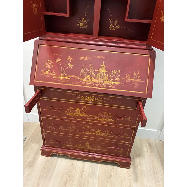 18th C Style Two Word Arts Red Chinoiserie Secretary Desk Bookcase (2 Pieces) With Custom Paint For Sale - Image 10 of 13