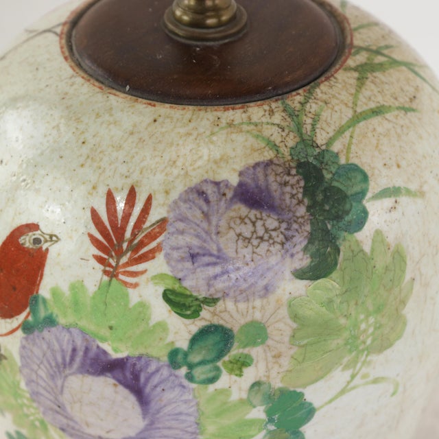 White Famille Rose Antique Porcelain Vase Lamp With Bird and Floral Motif on Wood Base For Sale - Image 8 of 16
