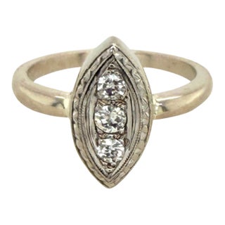 1950s Retro 14k Gold and Diamond Navette Ring, Size 6.5 For Sale