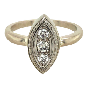 1950s Retro 14k Gold and Diamond Navette Ring, Size 6.5
