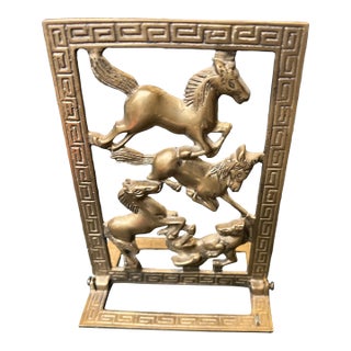 1970s Brass Equestrian Bookend With Greek Key Accents For Sale